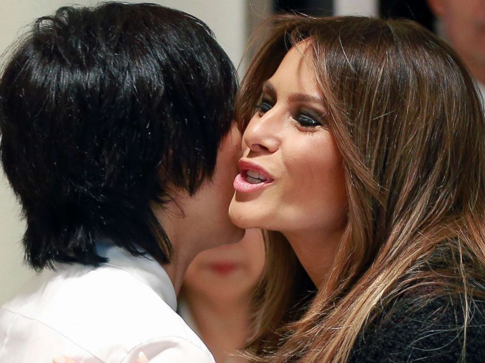 PHOTO: U.S. first lady Melania Trump, right, hugs her Japanese counterpart Akie Abe as they visit Mikimoto Ginza Main Store, Japans pearl jewelry maker, at Ginza shopping district in Tokyo Sunday, Nov. 5, 2017. 