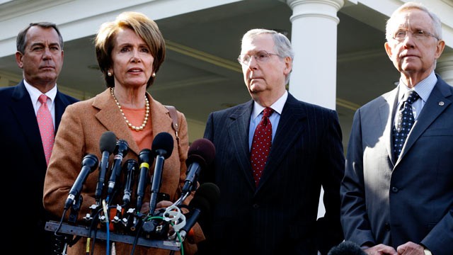 PHOTO: House Minority Leader Nancy Pelosi, second from left, accompanied by, from left, House Speaker John Boehner, Senate Minority Leader Mitch McConnell, and Senate Majority Leader Harry Reid, speaks to reporters outside the White House in Washington, N