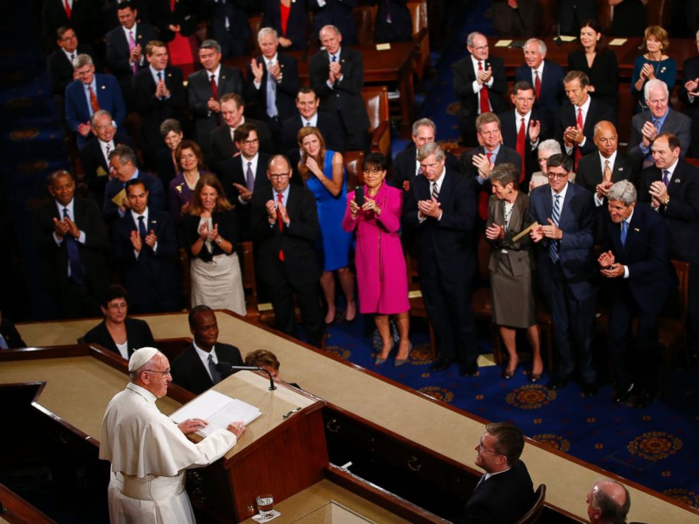 PHOTO: Pope Francis listens to applause as he addresses a joint meeting of Congress on Capitol Hill in Washington, Sept. 24, 2015.
