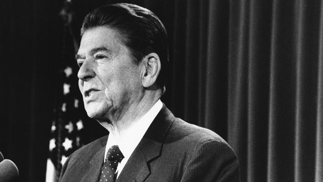 PHOTO: President Ronald Reagan addresses Western Hemisphere leaders on Jan. 24, 1985 in Washington about Iran joining other radical forces in aiding Nicaragua's Sandinista regime, which became known as the Iran-Contra scandal.