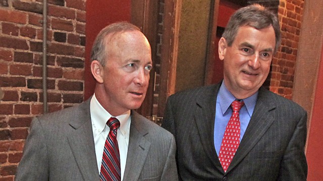 PHOTO: Gov. Mitch Daniels, left, and Richard Mourdock, in Wilmington, N.C. on May 9. 2012.