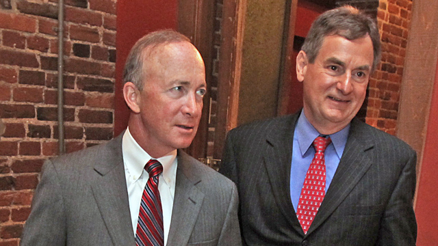 PHOTO: Gov. Mitch Daniels, left, and Richard Mourdock, in Wilmington, N.C. on May 9. 2012.