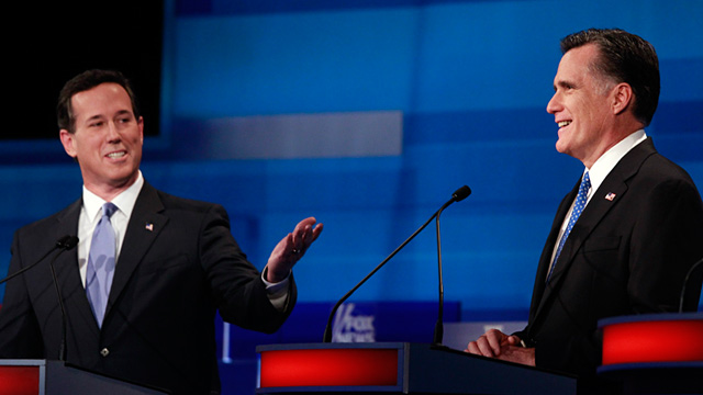 PHOTO: Rick Santorum and Mitt Romney