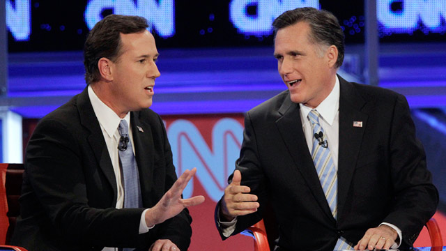 PHOTO: Rick Santorum and Mitt Romney