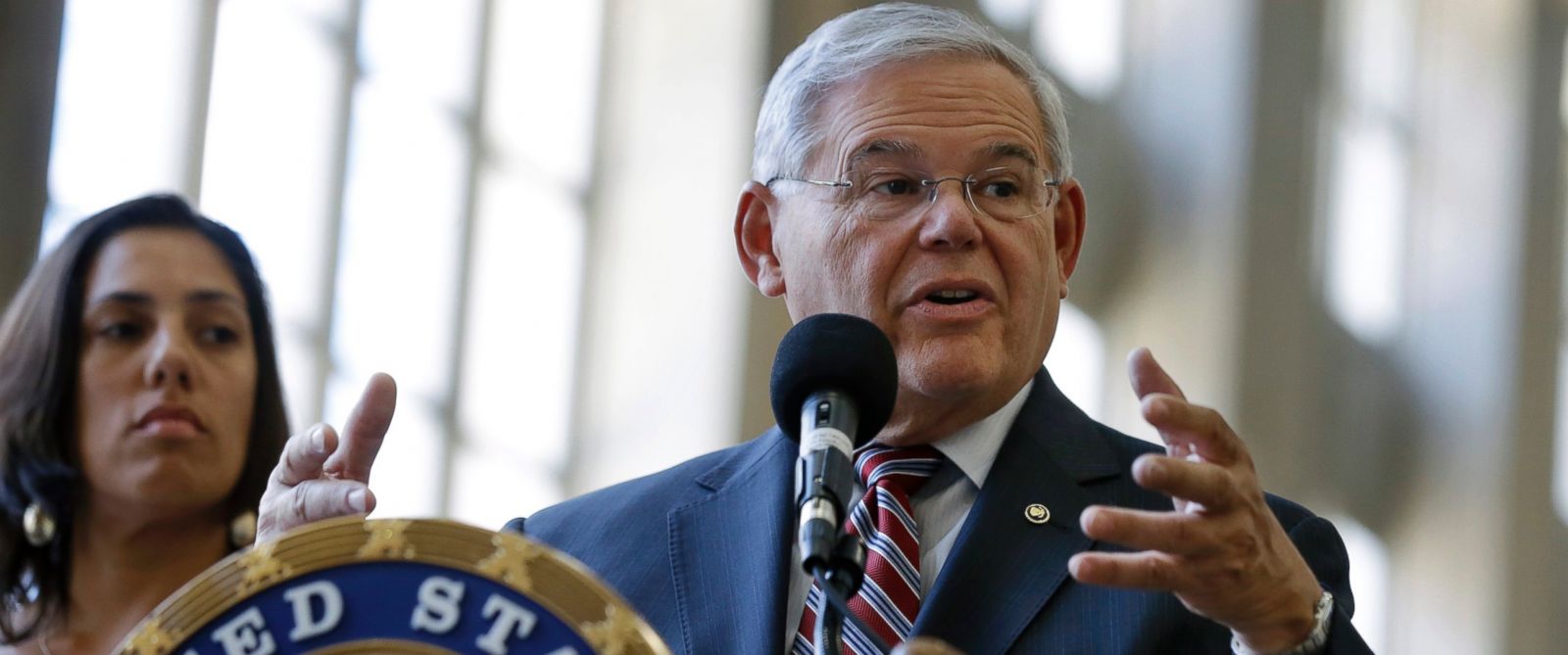 PHOTO: Sen. Robert Menendez describes the need for fellow New Jersey U.S. Sen. Cory Bookers Railroad Reform, Enhancement, and Efficiency Act at Newark Penn Station, on June 22, 2015, in Newark, N.J.
