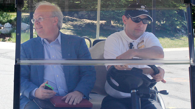 PHOTO: Republican strategist Karl Rove, left, is driven in a golf cart at a private donors' conference for Republican presidential candidate Mitt Romney at The Chateaux at Silver Lake at Deer Valley Resort in Park City, Utah, Saturday, June 23, 2012.