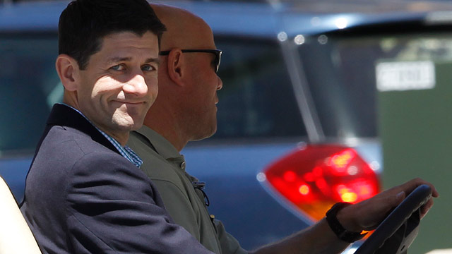 PHOTO: Rep. Paul Ryan, R-Wis., is driven in a golf cart at a private donors' conference for Republican presidential canddate Mitt Romney at The Chateaux at Silver Lake at Deer Valley Resort in Park City, Utah, Saturday, June 23, 2012.