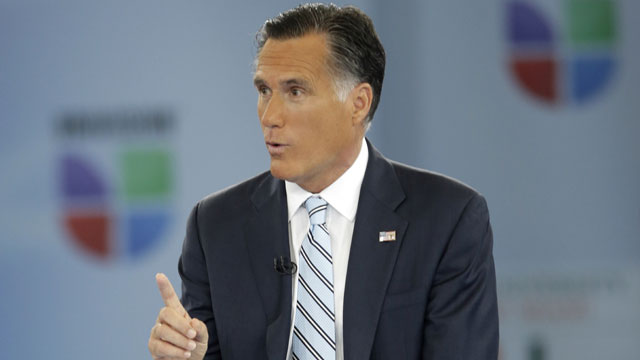 PHOTO: Republican presidential candidate and former Massachusetts Gov. Mitt Romney participates in a Univision "Meet the Candidates" forum with Jorge Ramos and Maria Elena Salinas in Coral Gables, Fla., Wednesday, Sept. 19, 2012.