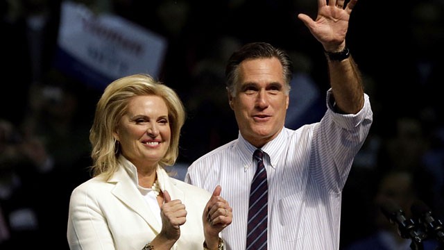 PHOTO:&nbsp;Republican presidential candidate, former Massachusetts Gov. Mitt Romney, right, takes the stage with wife Ann before speaking at a campaign event at the Verizon Wireless Arena, Monday, Nov. 5, 2012, in Manchester, N.H.