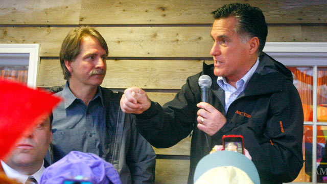 PHOTO: Republican presidential candidate, Gov. Mitt Romney, accompanied by comedian Jeff Foxworthy speaks during a campaign stop at the Whistle Stop Cafe, March 12, 2012, Mobile, Ala.