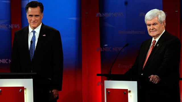 PHOTO: Republican presidential candidates, Mitt Romney, left, and Newt Gingrich at the Republican Presidential debate on Jan. 23, 2012 at the University of South Florida in Tampa, Fla.