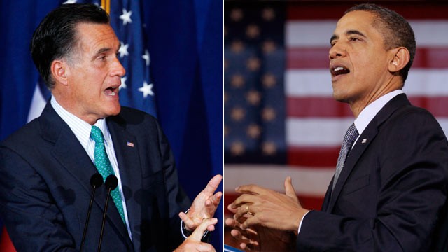 PHOTO: Republican presidential candidate, former Massachusetts Gov. Mitt Romney at the University of Chicago, March 19, 2012, left, and President Barack Obama in Osawatomie, Kan., Dec. 6, 2011.