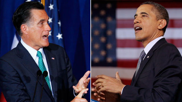 PHOTO: Republican presidential candidate, former Massachusetts Gov. Mitt Romney at the University of Chicago, March 19, 2012, left, and President Barack Obama in Osawatomie, Kan., Dec. 6, 2011.