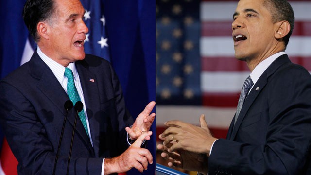PHOTO: File photos show Republican presidential candidate, former Massachusetts Gov. Mitt Romney at the University of Chicago, March 19, 2012 and President Barack Obama in Osawatomie, Kan., Dec. 6, 2011.