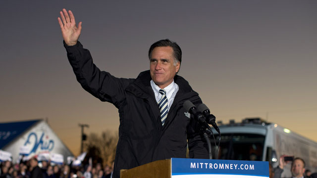 PHOTO: Republican presidential candidate, former Massachusetts Gov. Mitt Romney waves during a campaign rally at the Shelby County Fairgrounds on Wednesday, Oct. 10, 2012, in Sidney, Ohio.