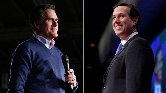 PHOTO: Republican presidential candidate Mitt Romney acknowledges applause at a campaign stop, Feb. 10, 2012, in Portland, Maine. Republican presidential candidate, former Pennsylvania Sen. Rick Santorum arrives to speak at the Conservative Political Act