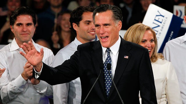 PHOTO: Former Massachusetts Gov. Mitt Romney waves to supporters at the Romney for President New Hampshire primary night rally at Southern New Hampshire University, Manchester, N.H., Jan. 10, 2012. Behind Romney are his sons Tagg and Craig and his wife An