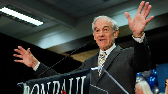 PHOTO: Republican presidential candidate Rep. Ron Paul speaks to his supporters following his loss in the Maine caucus to Mitt Romney, in Portland, Maine.