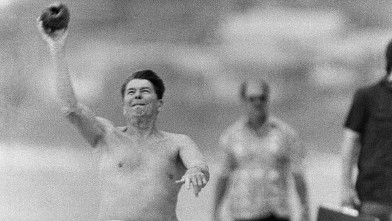 PHOTO: President Ronald Reagan tosses a coconut, on the beach at Kahala Beach, in the midst of a stroll and swim in Honolulu, Hawaii, April 23, 1984.
