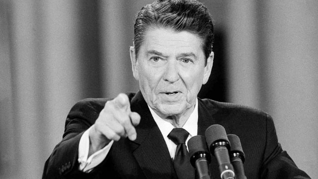 PHOTO: President Ronald Reagan gestures during a news conference in the White House East Room on June 15, 1984, Washington, D.C.