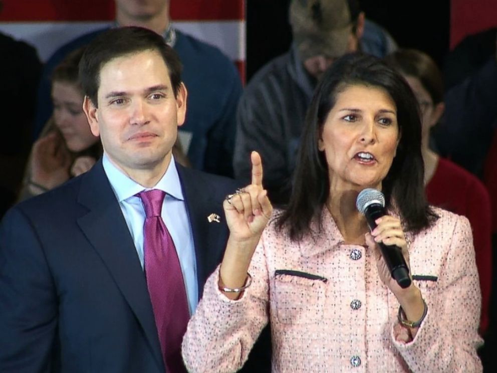 PHOTO: Gov. Nikki Haley campaigns with Republican presidential candidate Sen. Marco Rubio Greenville, S.C., Feb. 18, 2016.