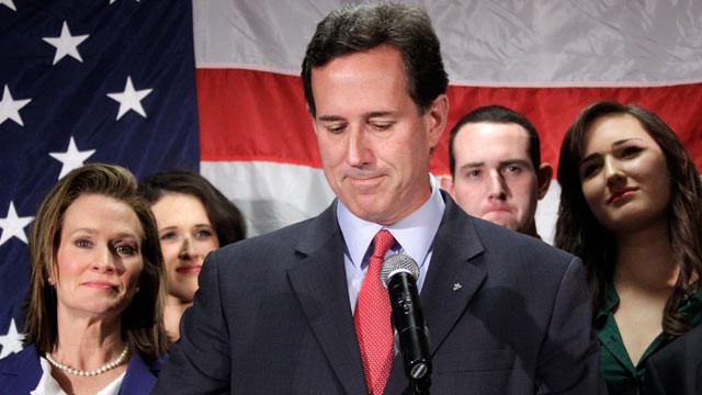PHOTO: Surrounded by members of his family, former Pennsylvania Sen. Rick Santorum announces he is suspending his candidacy for the presidency, April 10, 2012, in Gettysburg, Pa.