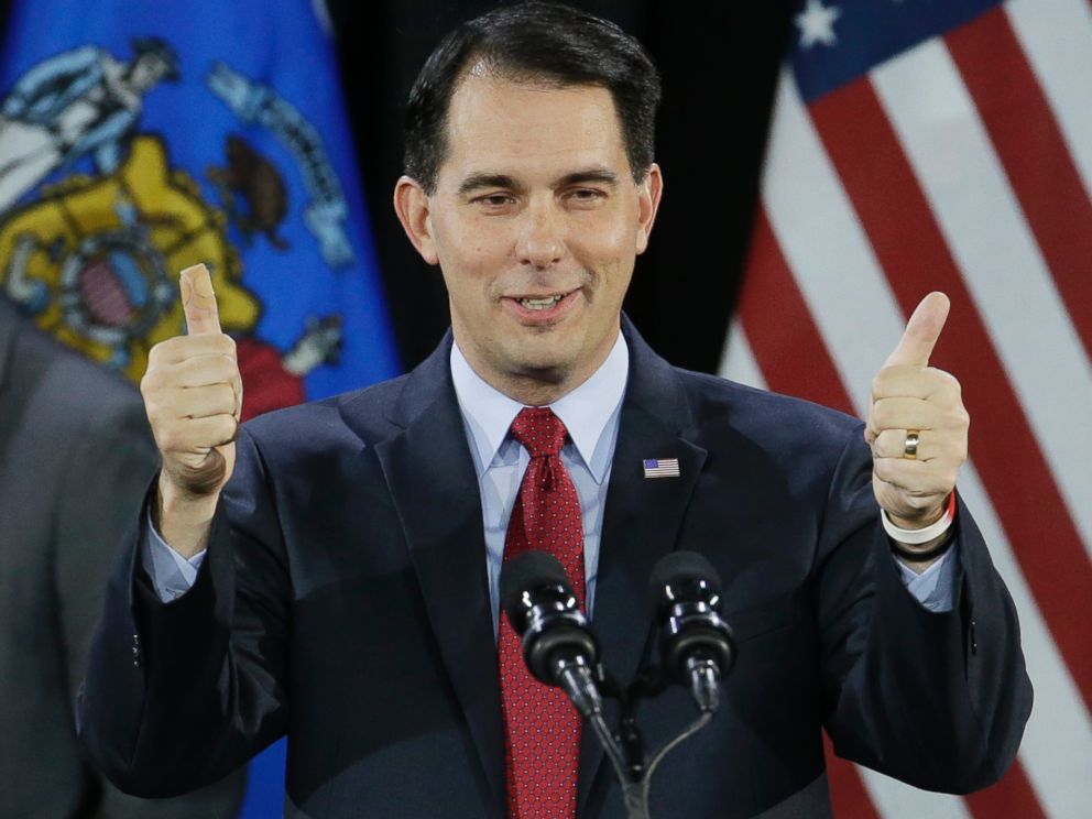 PHOTO: Wisconsin Republican Gov. Scott Walker gives a thumbs up as he speaks at his campaign party, Nov. 4, 2014, in West Allis, Wis. Walker defeated Democratic gubernatorial challenger Mary Burke.