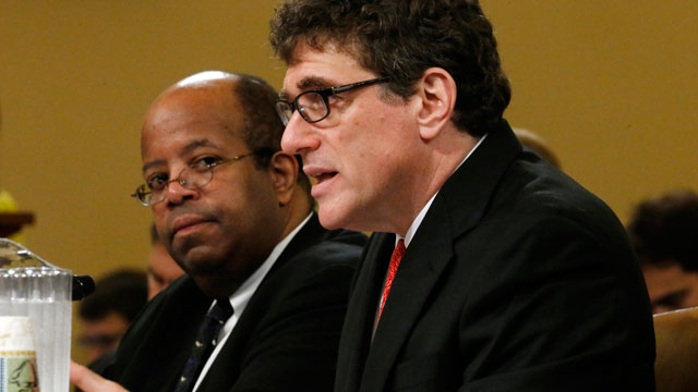 PHOTO: Ousted IRS Chief Steve Miller, right, and J. Russell George, Treasury Inspector General for Tax Administration, testify on Capitol Hill, in Washington, May 17, 2013.