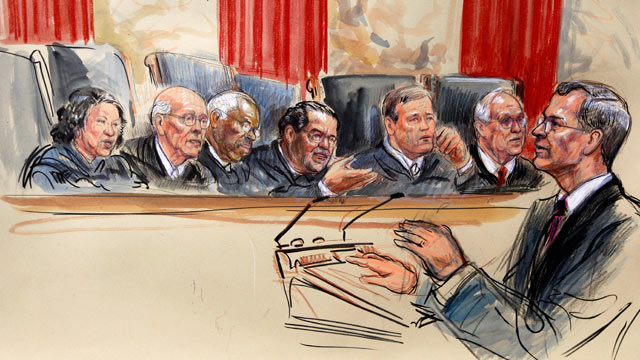 PHOTO: This artist rendering shows attorney Robert A. Long speaks in front of the Supreme Court Justice in Washington, March 26, 2012, as the court began three days of arguments on the health care law signed by President Barack Obama.
