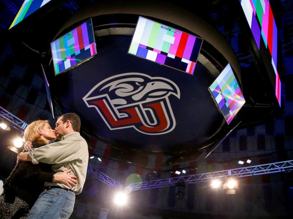 PHOTO: Sen. Ted Cruz, R-Texas, kisses his wife Heidi, during a walk-through for his Monday speech where he will launch his campaign for president at Liberty University on Sunday, March 22, 2015, in Lynchburg, Va.