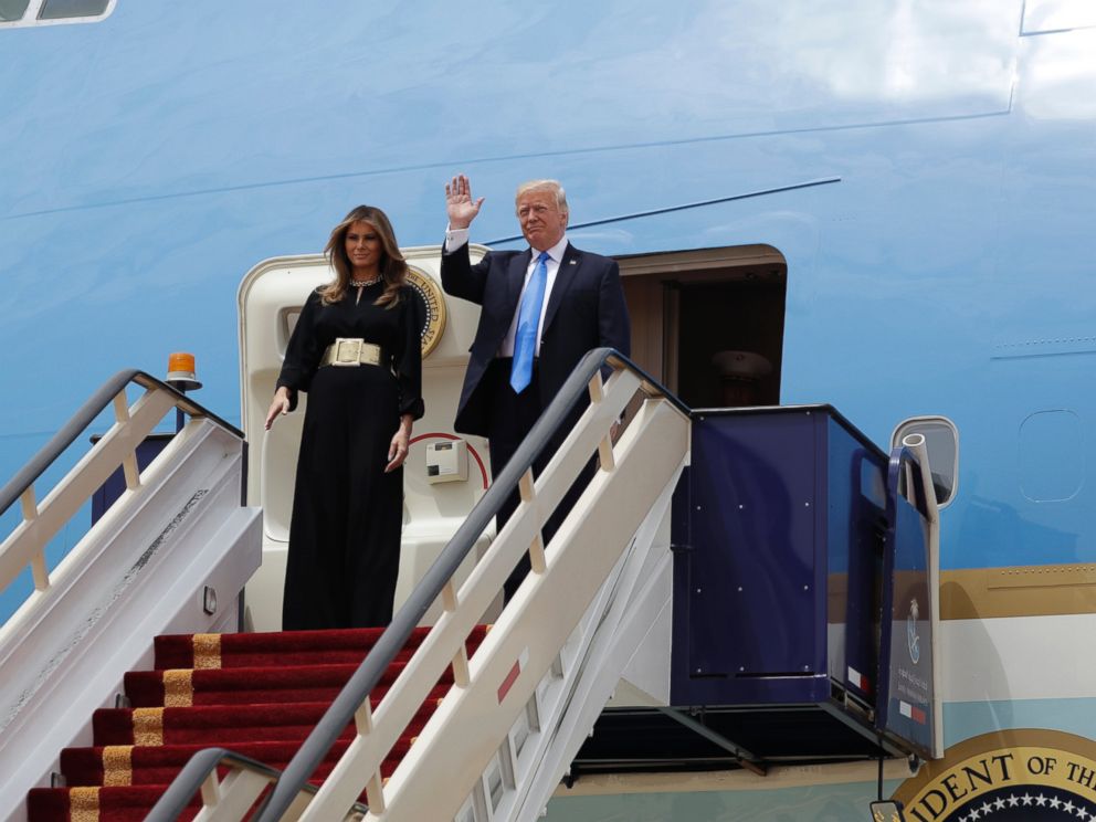 PHOTO: President Donald Trump and first lady Melania Trump arrive at the Royal Terminal of King Khalid International Airport, Saturday, May 20, 2017, in Riyadh. 