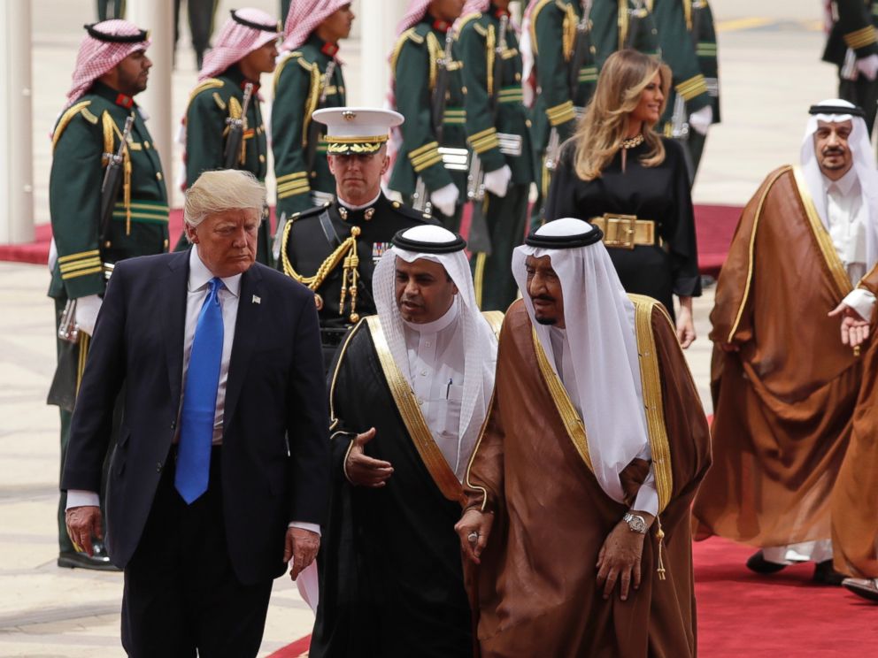 PHOTO: President Donald Trump and first lady Melania Trump, rear, arrive at the Royal Terminal of King Khalid International Airport, Saturday, May 20, 2017, in Riyadh.