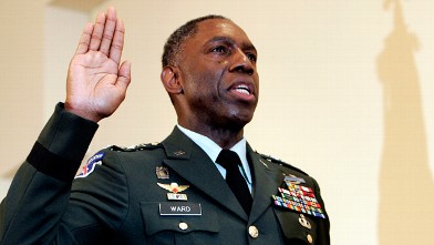 PHOTO: In this May 26, 2006 photo, Army Lt. Gen. William E. Kip Ward is administered the oath of four-star General, the Army's highest rank of general, by Command Sgt. Major Mark Ripka, right, at Fort Myer, Va.