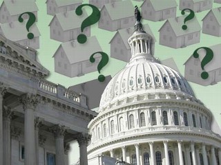 Pic image graphic of the economy and historic Congressional bailout bill with homes, money and question marks in the background.