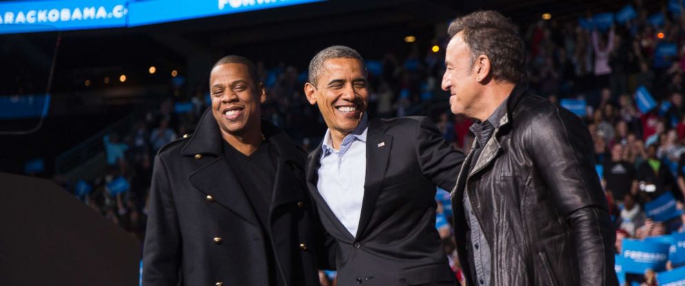 PHOTO: President Barack Obama stands on stage with rapper Jay-Z and musician Bruce Springsteen at an election campaign rally in Columbus, Ohio, Nov. 5, 2012.