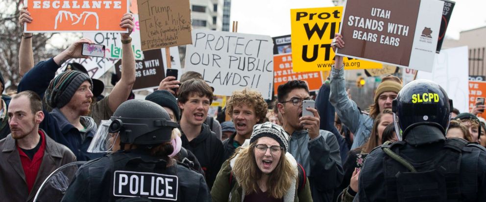 PHOTO: Demonstrators protest during President Donald Trumps announcement to eliminate vast portions of Utahs Bears Ears and Grand Staircase-Escalante national monuments in Salt Lake City, Utah, Dec. 4, 2017.
