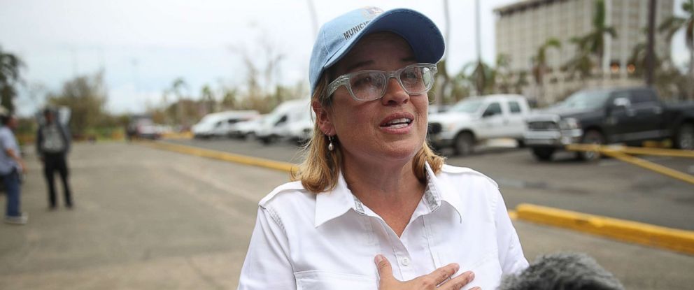 PHOTO: San Juan Mayor Carmen Yulin Cruz speaks to the media as she arrives at the temporary government center setup at the Roberto Clemente stadium in the aftermath of Hurricane Maria, Sept. 30, 2017 in San Juan, Puerto Rico. 
