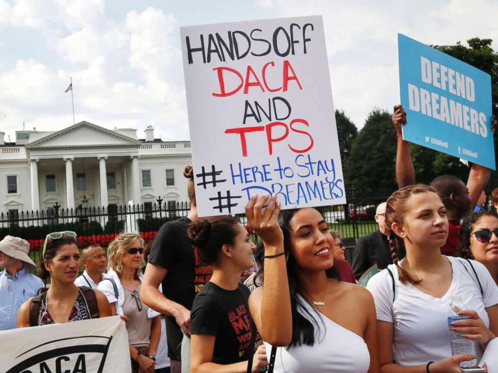 PHOTO: Yurexi Quinones, 24, of Manassas, Va., who is studying social work and a recipient of Deferred Action for Childhood Arrivals, known as DACA, rallies next to Ana Rice, 18, of Manassas, Va., in support of DACA, in Washington, Sept. 5, 2017.
