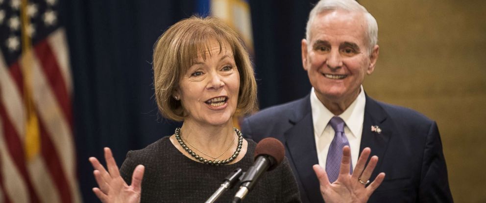 PHOTO: Minnesota Lt. Governor Tina Smith fields questions after being named the replacement to Sen. Al Franken by Governor Mark Dayton, Dec. 13, 2017, at the Minnesota State Capitol in St. Paul, Minn. 