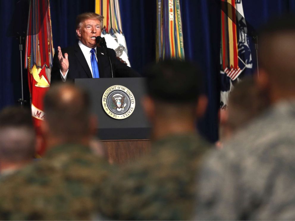 PHOTO: President Donald Trump speaks at Fort Myer in Arlington, Virginia, Aug. 21, 2017.