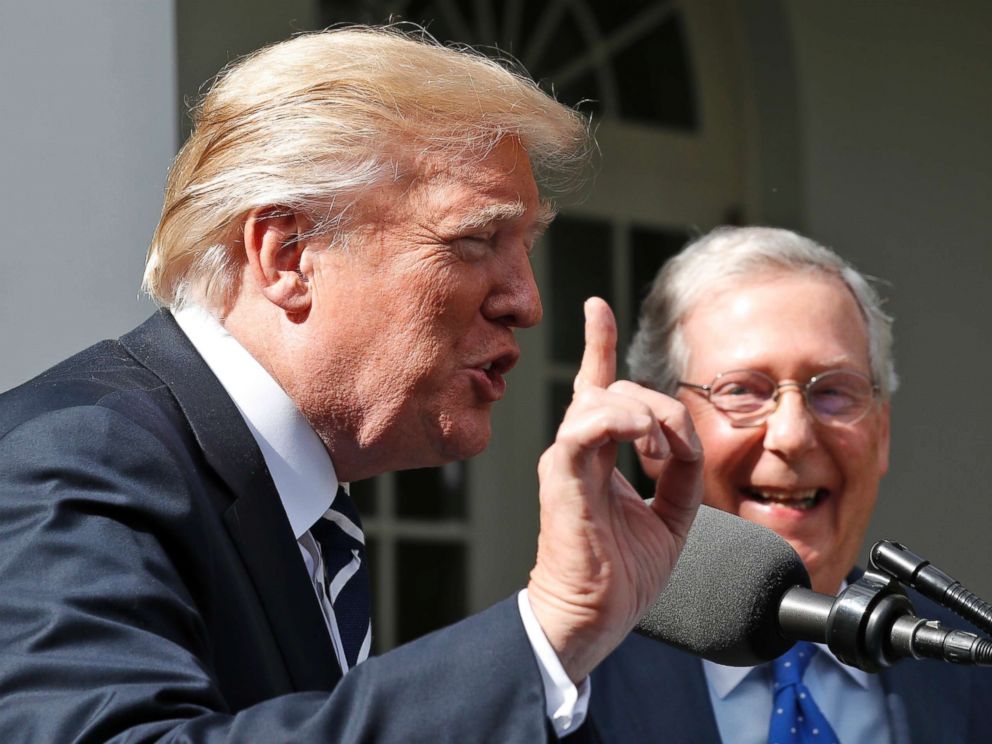 PHOTO: President Donald Trump and Senate Majority Leader Mitch McConnell speak to reporters in the Rose Garden of the White House after their meeting, Oct. 16, 2017, in Washington.