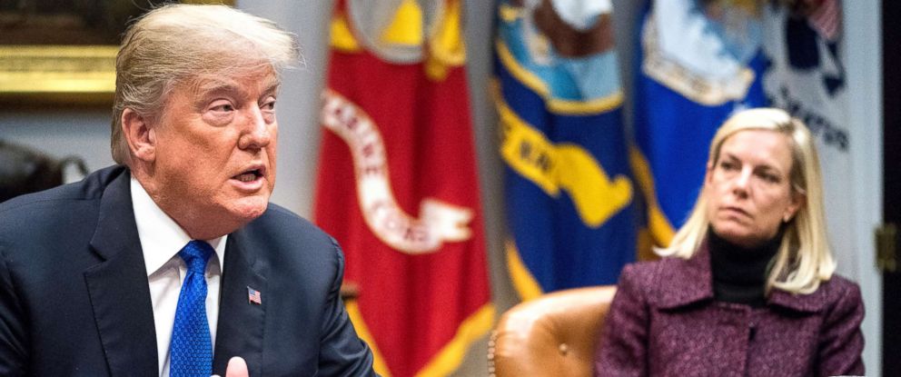PHOTO: President Donald Trump, accompanied by Secretary of Homeland Security Kirstjen Nielsen, speaks during a meeting with Republican Senators on immigration in the Roosevelt Room at the White House, Jan. 4, 2018.