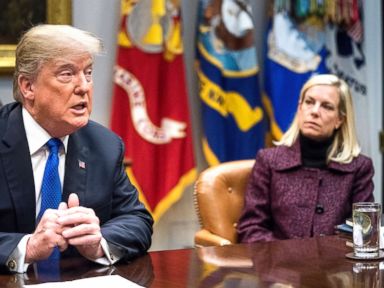 PHOTO: President Donald Trump, accompanied by Secretary of Homeland Security Kirstjen Nielsen, speaks during a meeting with Republican Senators on immigration in the Roosevelt Room at the White House, Jan. 4, 2018.