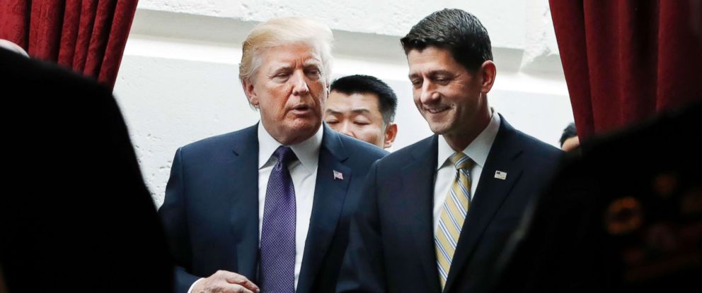PHOTO: President Donald Trump walks with House Speaker Paul Ryan on Nov. 16, 2017, as they leave a meeting with House Republicans on Capitol Hill.