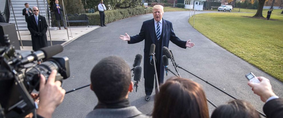 PHOTO: President Donald J. Trump delivers remarks as he walks to board Marine One on the South Lawn of the White House in Washington, Dec. 2, 2017. 