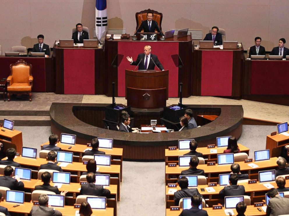 PHOTO: President Donald Trump addresses the National Assembly in Seoul, South Korea, Nov. 8, 2017.