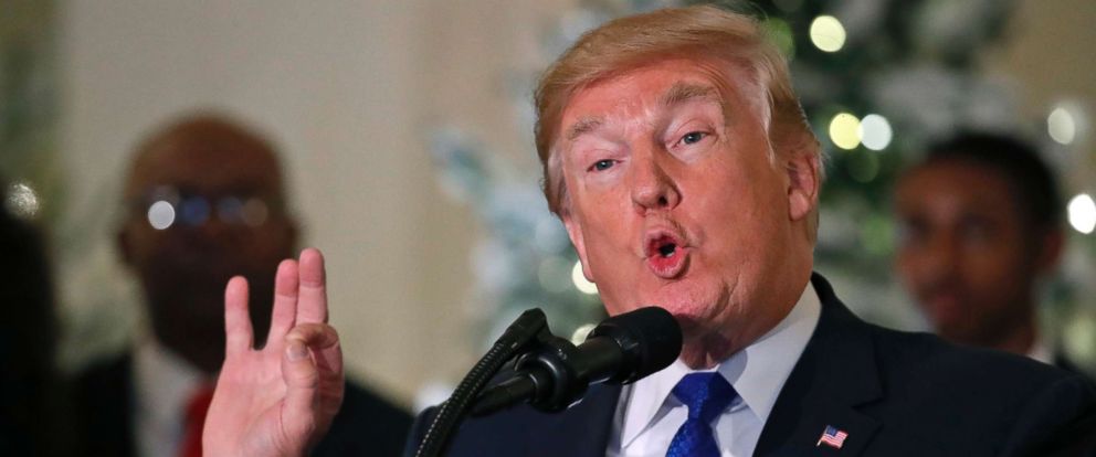 PHOTO: President Donald Trump speaks about tax reform in the Grand Foyer of the White House, Dec. 13, 2017, in Washington.