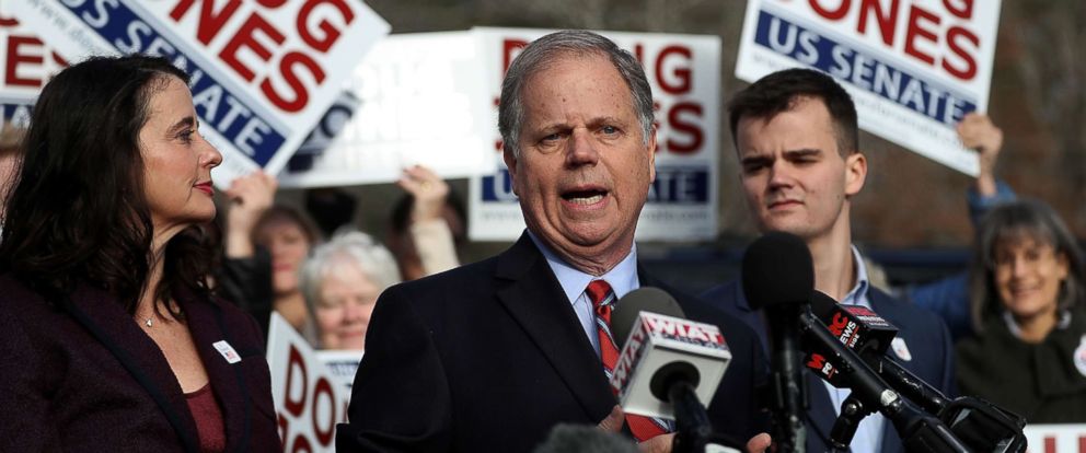 PHOTO: Democratic senatorial candidate Doug Jones speaks to reporters after voting at Brookwood Baptist Church, Dec. 12, 2017, in Mountain Brook, Ala.