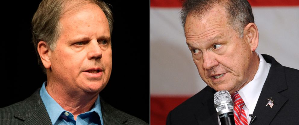 PHOTO: Pictured (L-R) are Democratic senatorial candidate Doug Jones in Birmingham, Ala., Dec. 9, 2017 and Republican senatorial candidate Judge Roy Moore in Fairhope, Ala., Dec. 5, 2017.