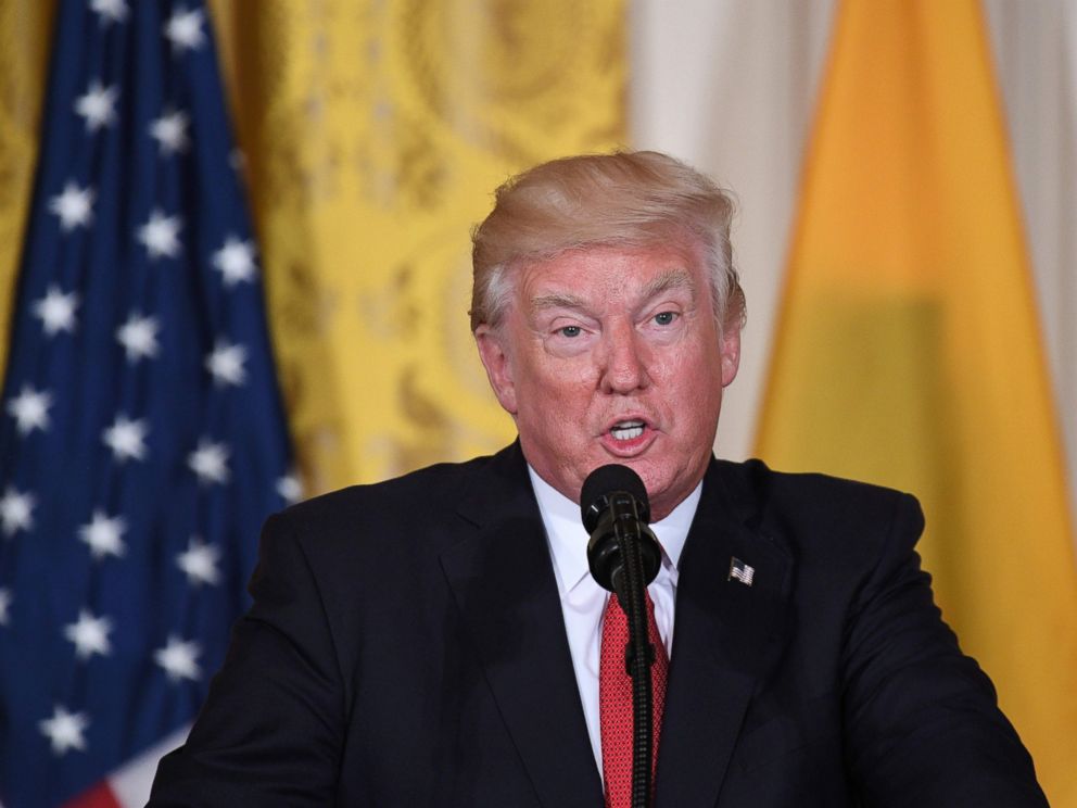 PHOTO: President Donald Trump speaks during a joint press conference with Colombias President Juan Manuel Santos at the White House on May 18, 2017 in Washington.